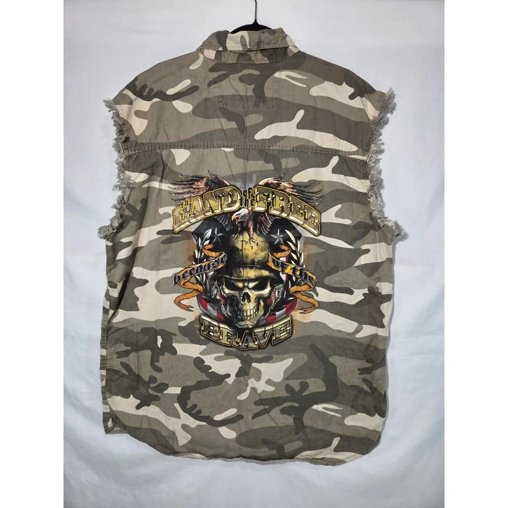 Lightning Clothing BIker Vest Mens 2XL Camo‎ Land of the Free Brave Skull Eagle